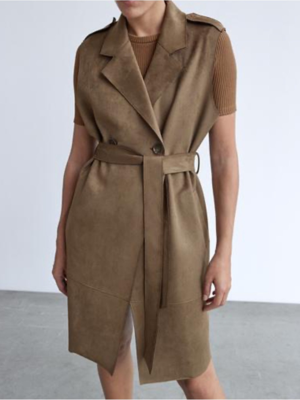 Zara Faux Suede Belted Sleeveless Coat Vest Dress